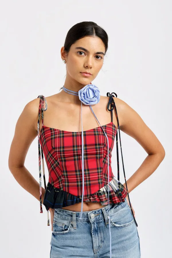Tops>Eliza Faulkner Candy Corset | Red Plaid Mix