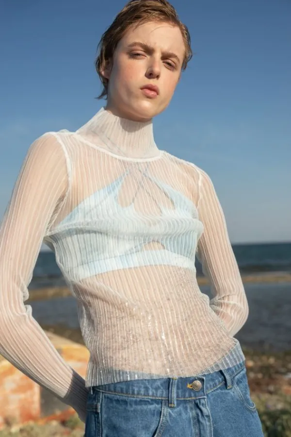 Tops>ESTHÉ High Neck Mesh Pleated Top | Off White