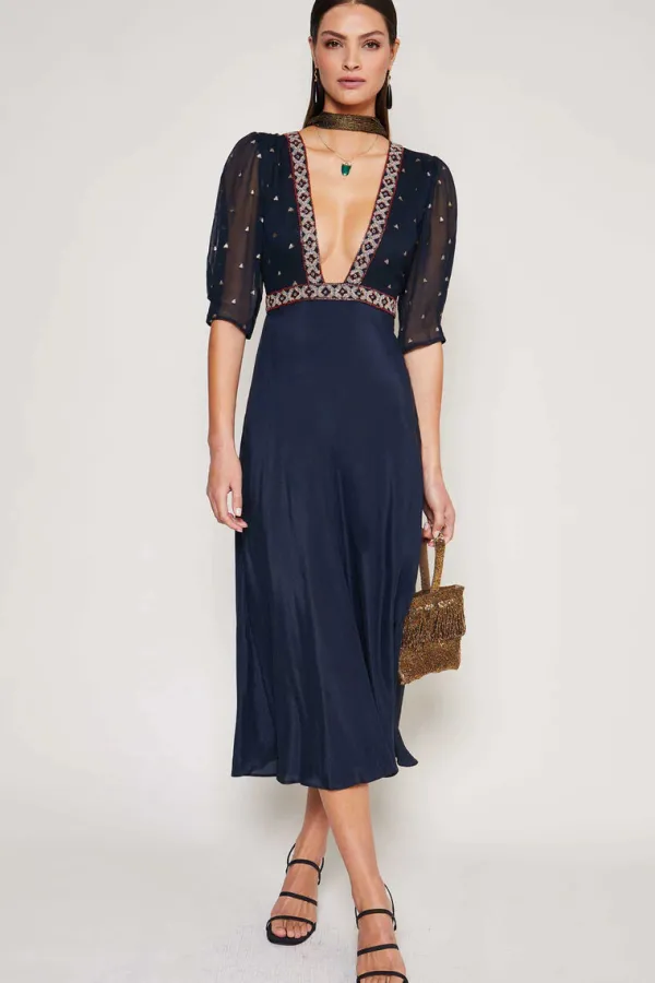 Dresses>Rixo Orchid Silk V-Neck Dress | Clover Embellishment Navy