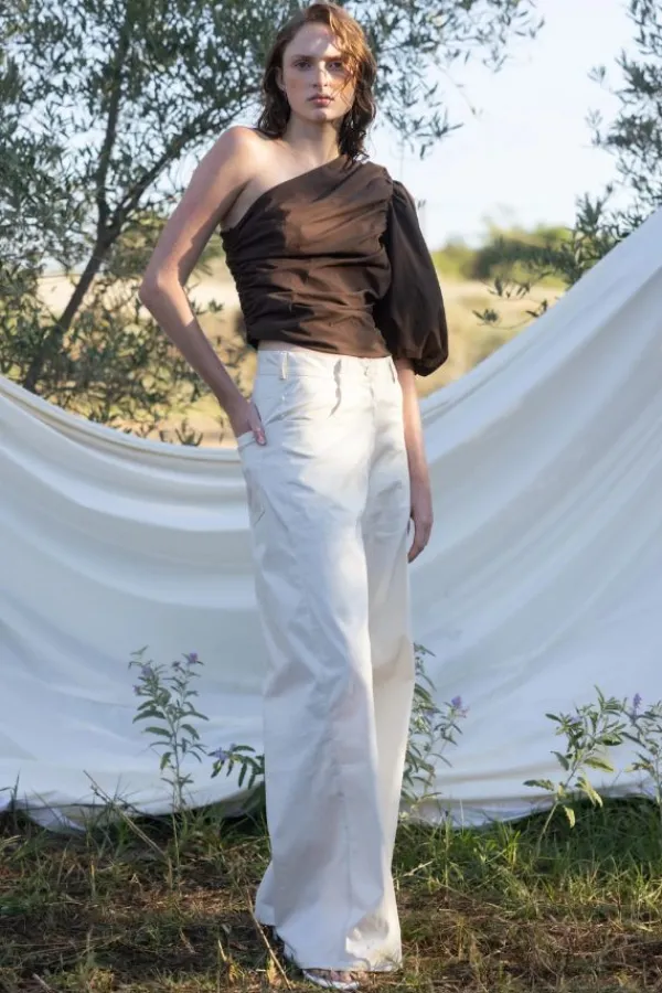 Tops>ESTHÉ Poplin One Shoulder Top | Brown