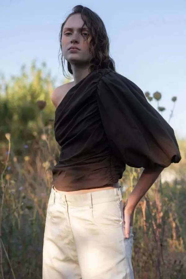 Tops>ESTHÉ Poplin One Shoulder Top | Brown