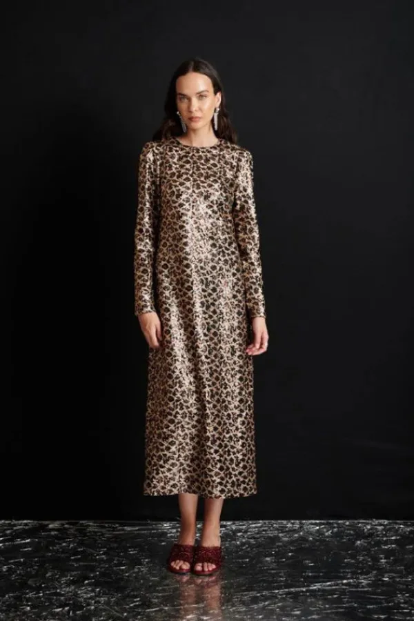 Dresses>Sister Jane Yara Sequin Leopard Midi Dress | Gold Brown