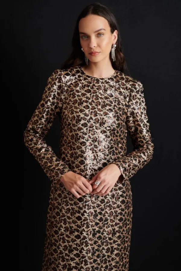 Dresses>Sister Jane Yara Sequin Leopard Midi Dress | Gold Brown
